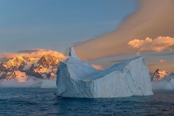 Antarctica-South Georgia Island-Coopers Bay Iceberg and mountains at sunrise